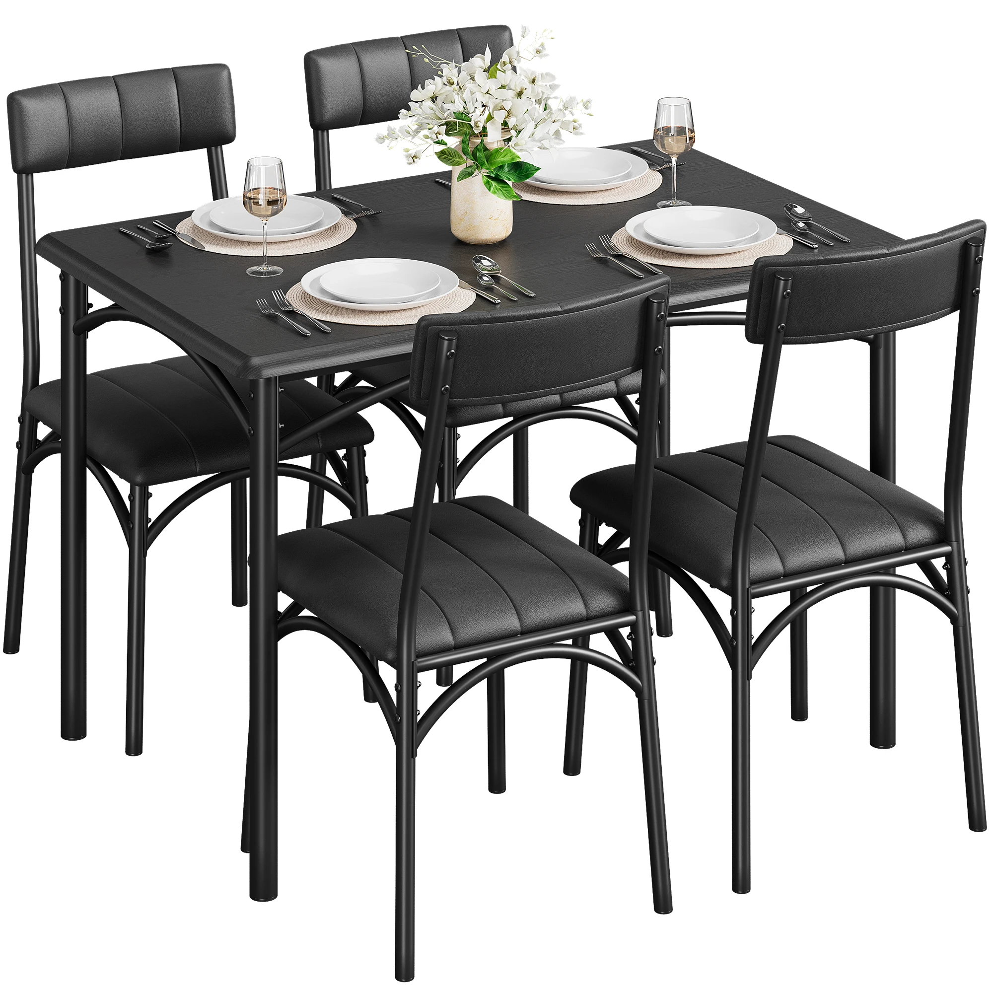 5 Piece Dining Table Set for 4, Modern Wooden Kitchen Table | Space-Saving Rectangular Dining Room Table and Chairs Set with Metal Frame & Upholstered Chairs for Small Space, Black