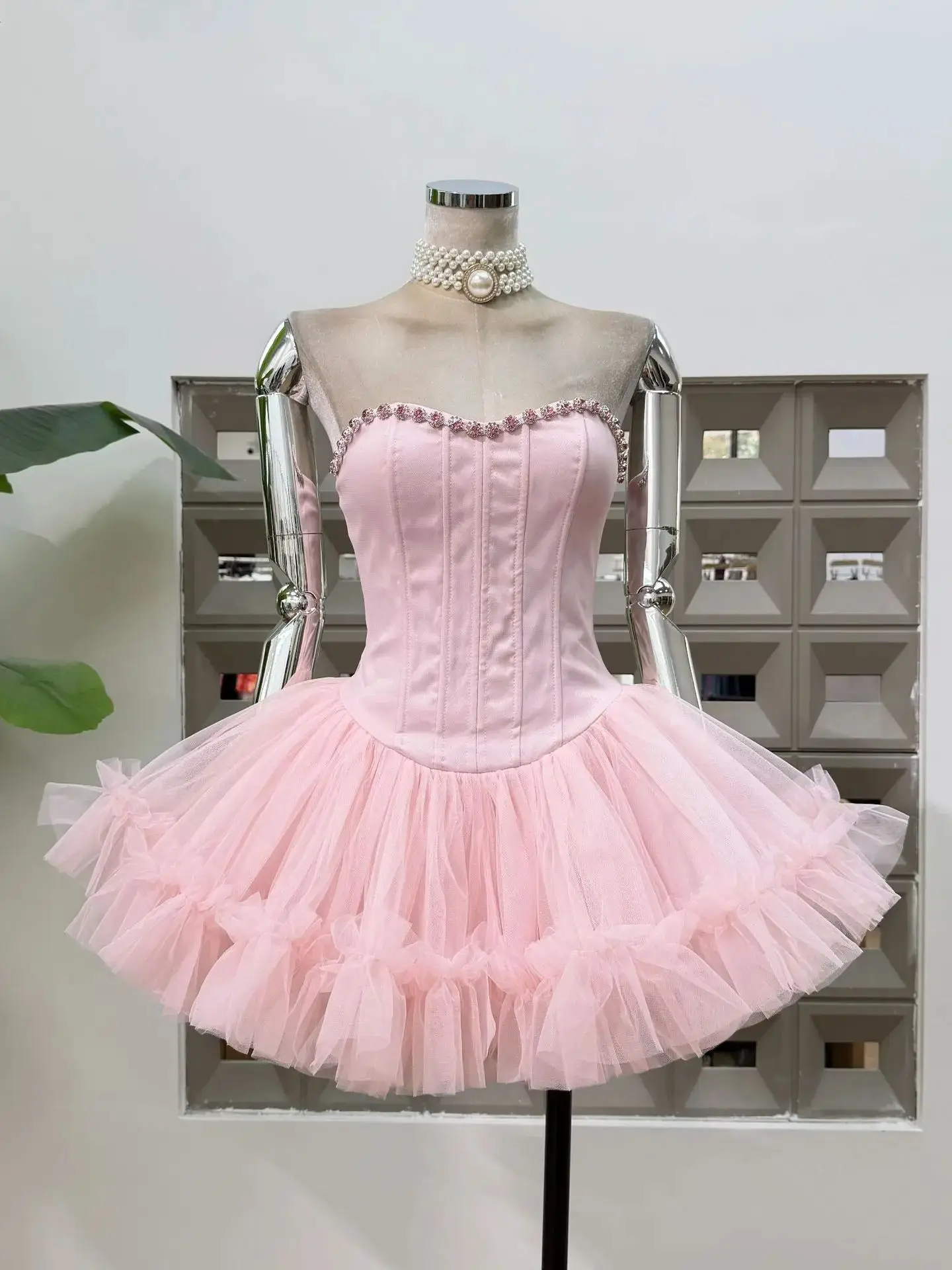 

New Solid Diamond Elegant Women's Mini Dresses Strapless Sleeveless High Waist Female Christmas Party Evening Gown dress lolita