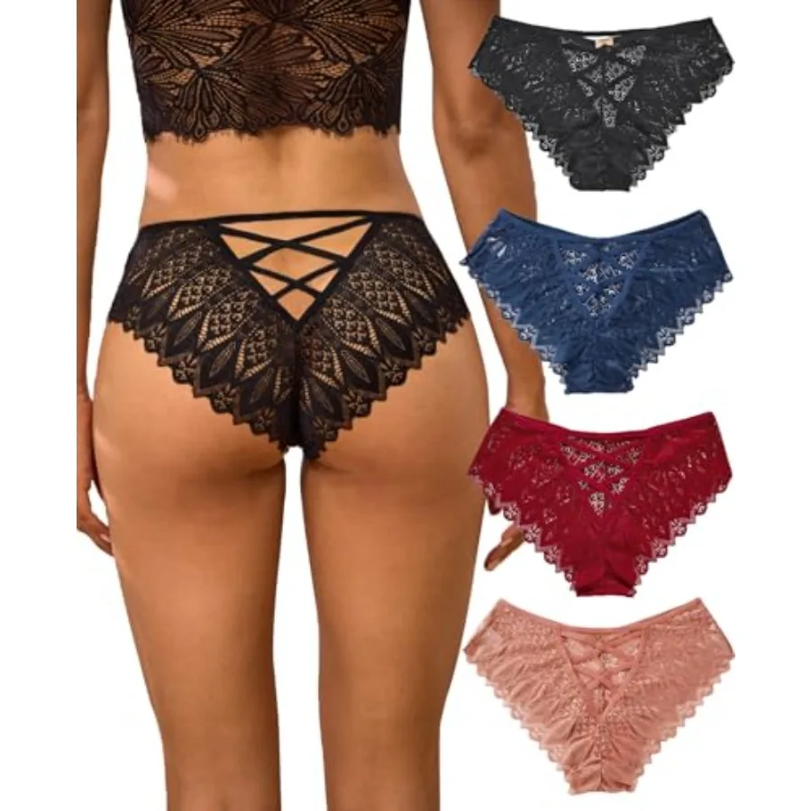 

Kingfung Sexy Cheeky Panties for Women Lace Criss Cross Bikini Underwear 1-4 Pack