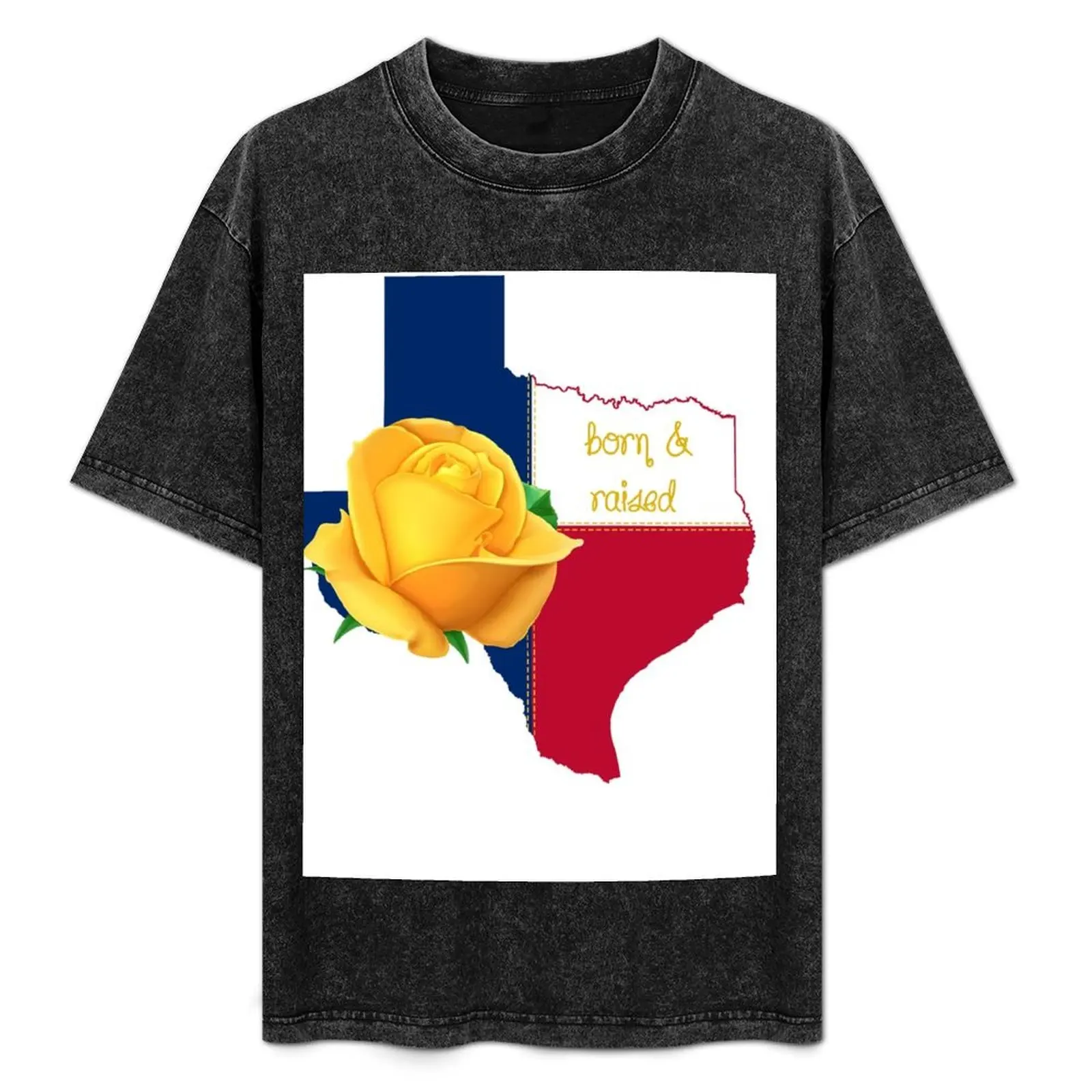 

Texas Born and Raised, Yellow Rose and Flag T-Shirt Basic Short Sleeve Cotton Blend T-Shirt