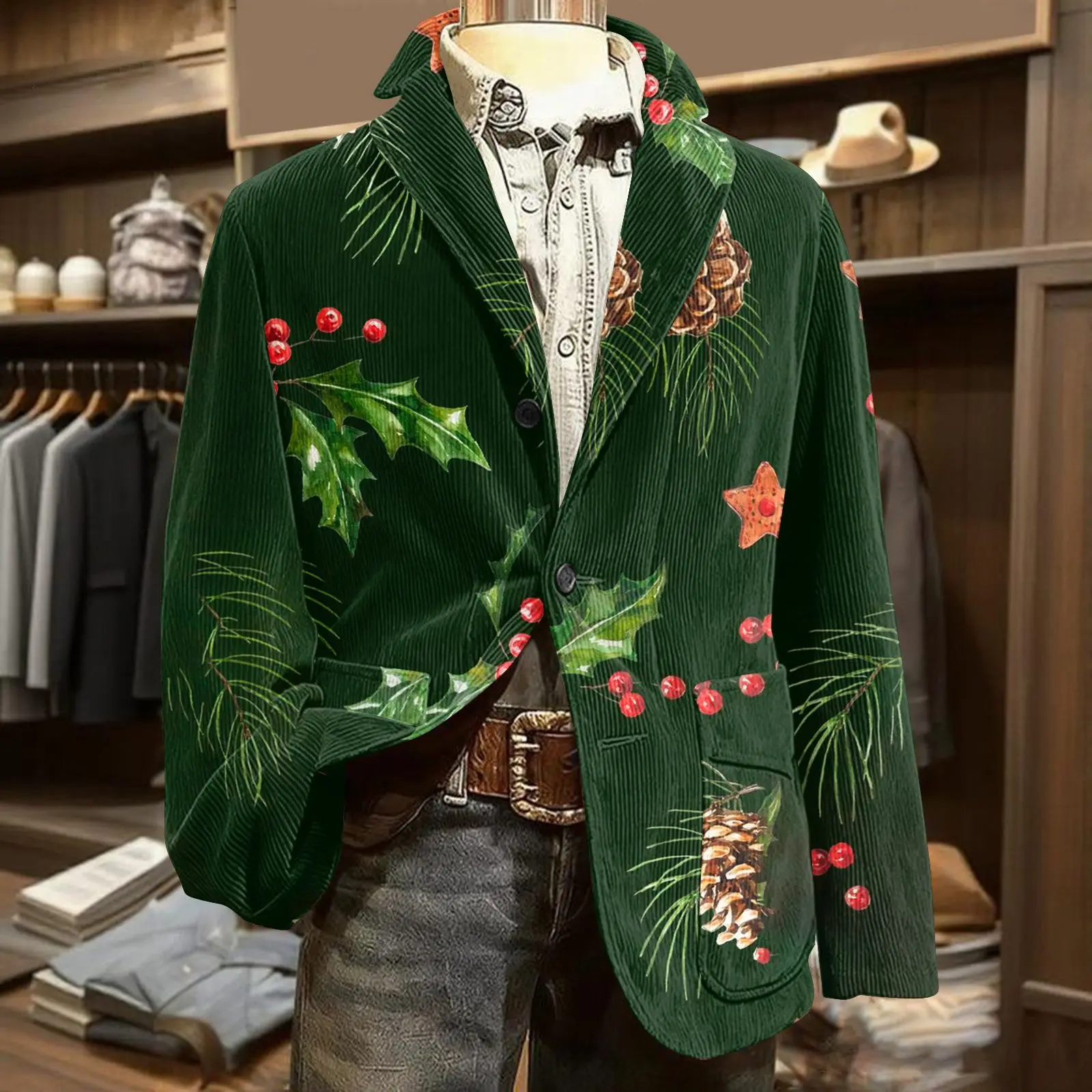 

Christmas Holly Printed Blazer Men Corduroy Warm Pocket Casual Jacket Cardigan Trendy Men's Apparel Fashion Holiday Daily Wear