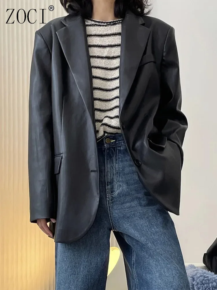 

ZOCI Faux Leather Women's Pu Suit Jackets Solid Color Blazers Female Long Sleeve Notched Coats Korean Fashion Tops 2025 Autumn