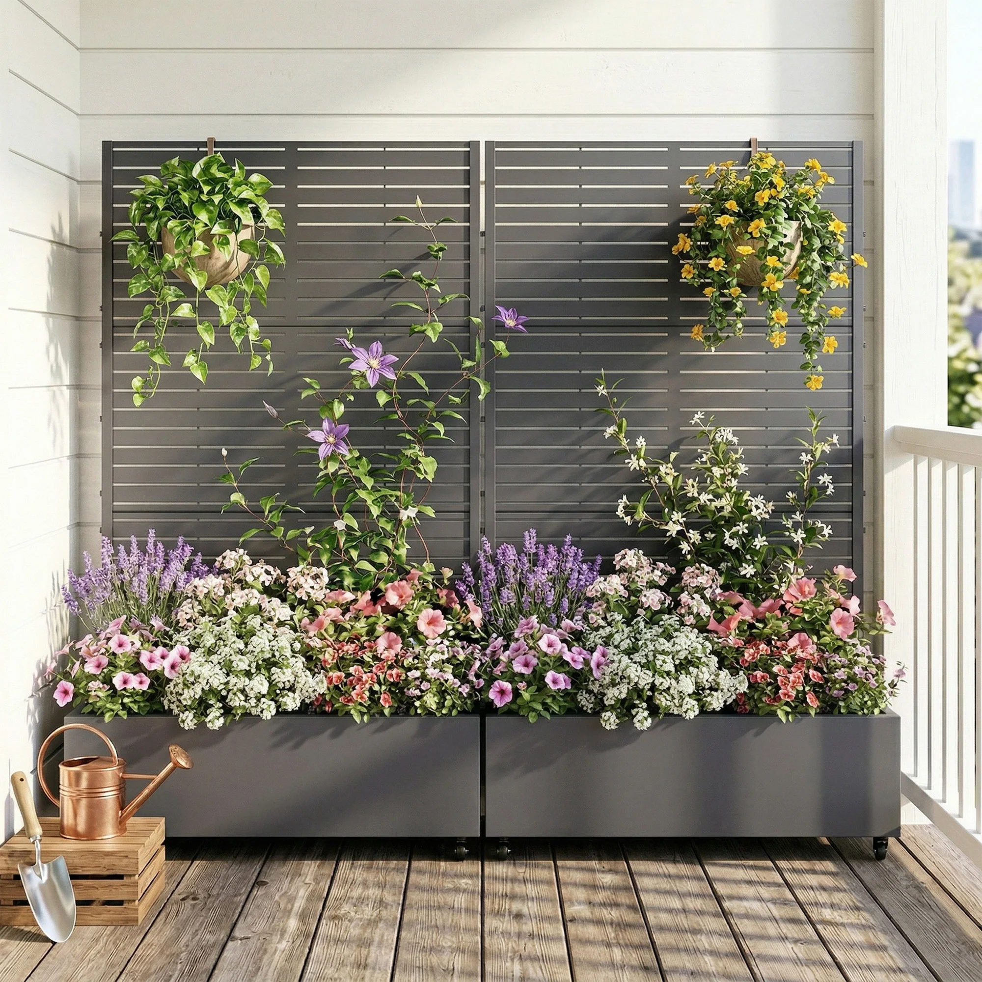 6 ft. H x 4 ft. W Metal Planter Box privacy screen Garden Bed with Trellis and Wheels - Gray