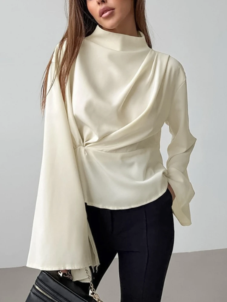 

Stand Neck Chiffon Flared Sleeve Pleated Split Shirt for Women 2025 Autumn New Fashion Top Daily Clothing Women's Casual Blouses