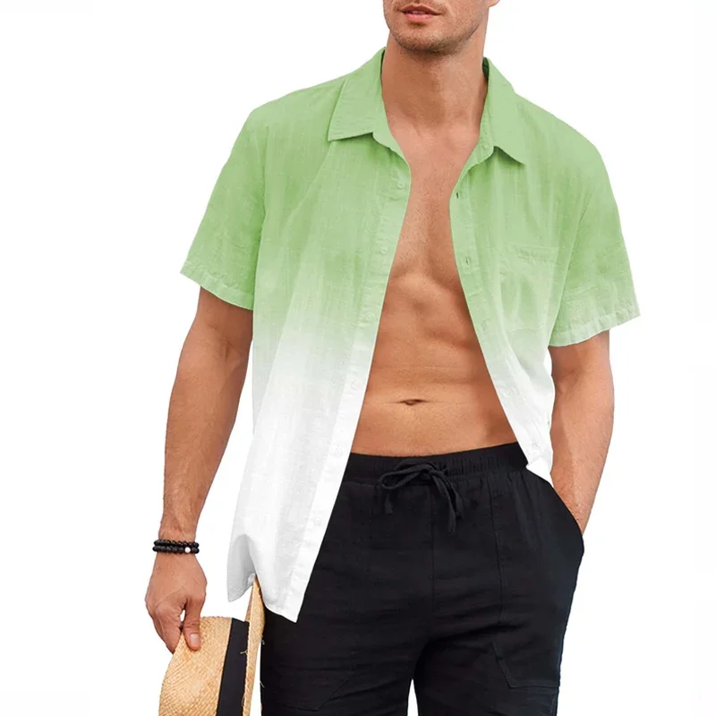 

New Summer Shirts Men Fashion Gradient Color Printed Loose Short-sleeved Cardigan Mens Shirt Vintage Lapel Buttoned Beach Shirt