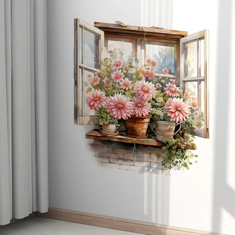 Fake Window Flowers Wall Sticker Living Room Wall Corridor Entrance Background Home Decoration Wall Art Self-adhesive Waterproof