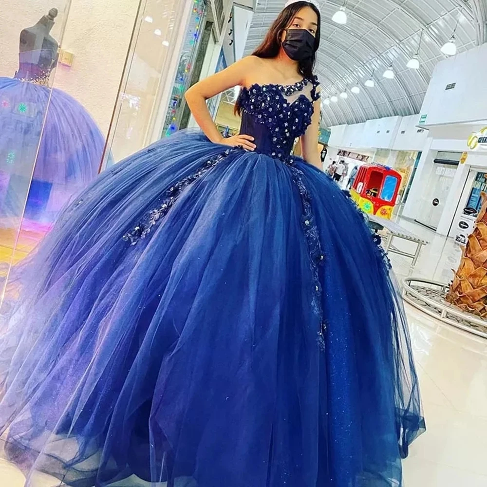 Blue Ball Gown Quinceanera Dresses One Shoulder Beaded Prom Cinderella Sweet 16 Gown Custom Robes De Soirée Lace-up Back