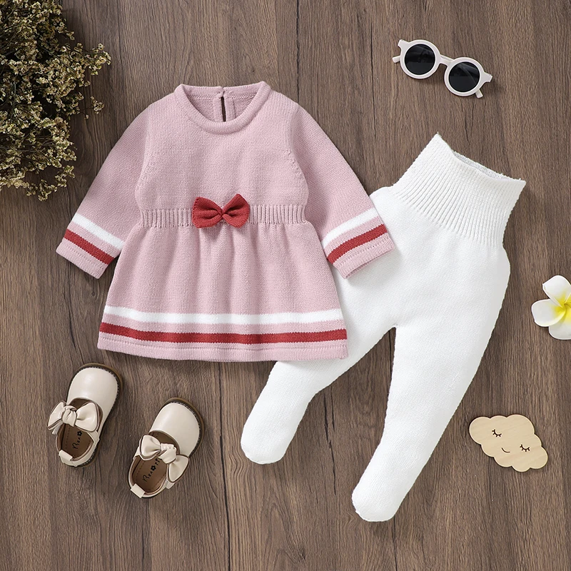 Autumn Infant Girls Outfits 0-9M Winter Newborn Babies Pink Long Sleeve Sweaters Tops+Pants 2PCS Clothes Sets Toddler Tracksuits