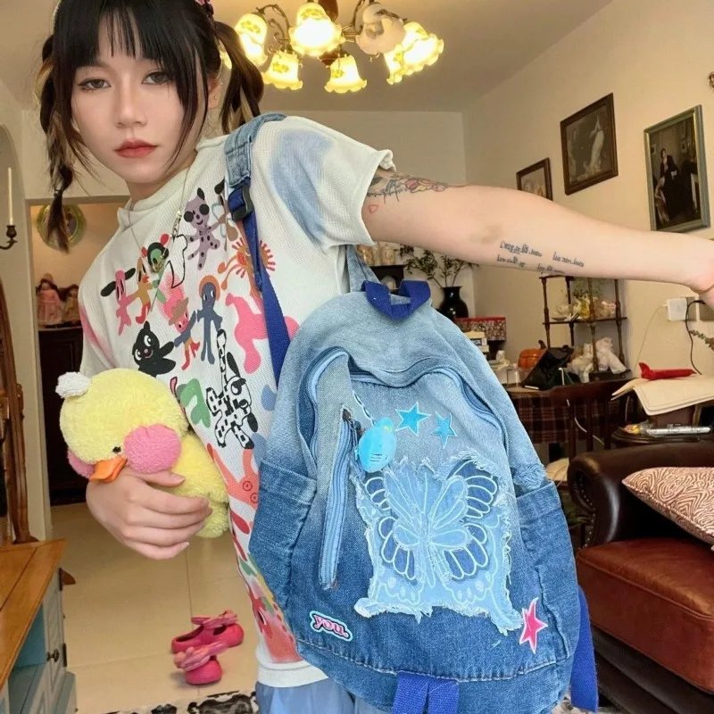 MBTI Denim Hello Kitty Womens Backpack Y2k Fashion Patchwork Butterfly Vintage Aesthetic Backpacks Casual Original Female Bag