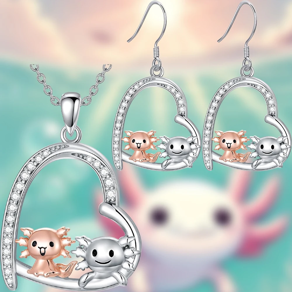 Axolotl Heart Jewelry Set - Rhinestone Necklace & Earrings, Enchanting Gift for Girls' Celebrations