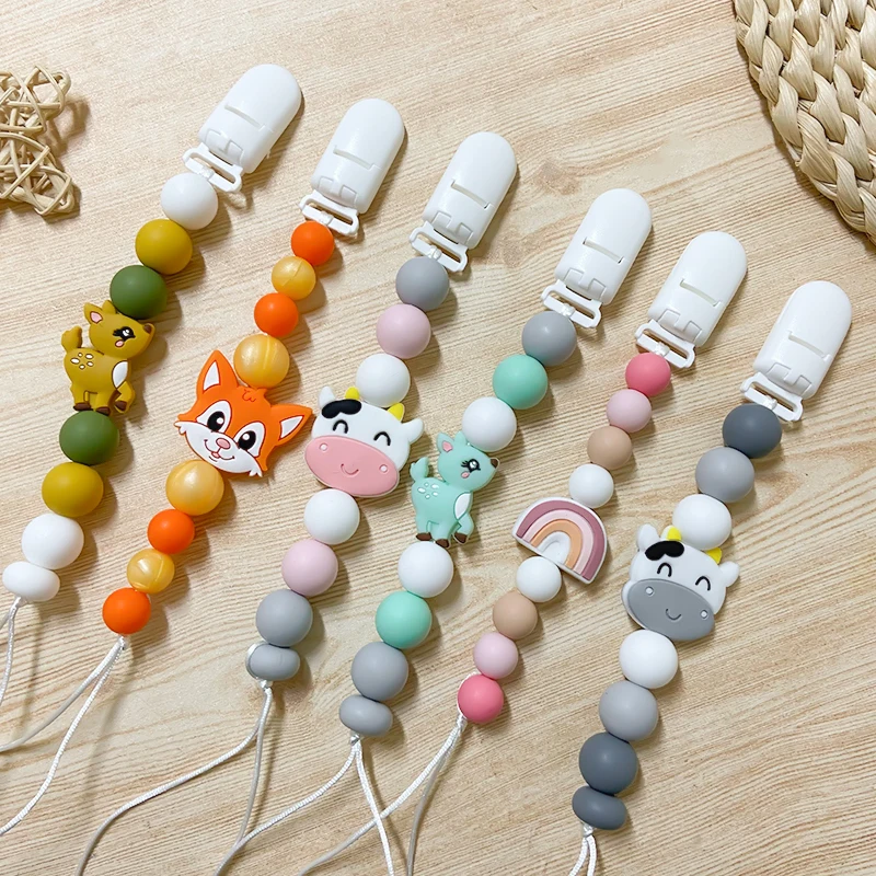 

New Baby Rainbow Fawn Pacifier Clips Silicone Pacifier Chains Handmade Toddler Teething Chain Nipple Clip Chew Toys