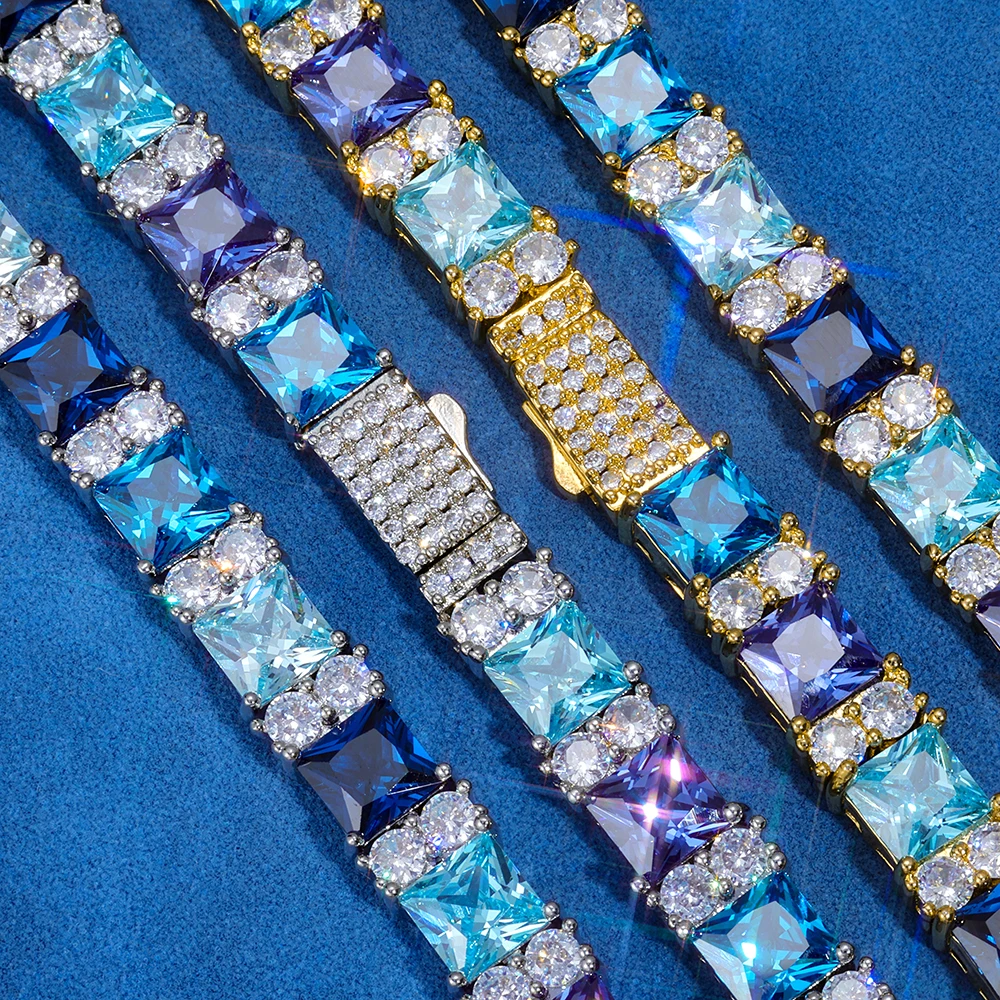 HHIOk Fine Jewelry Hip Hop Colorful Gemstone Blue Tennis Chain Luxury Cubic Zirconia Iced Out Necklace Silver Plated Bracelet
