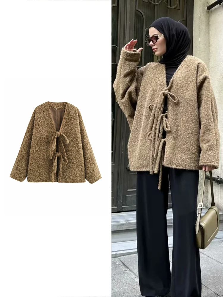 

Autumn and Winter Loose Solid Color V-Neck Tie Coat Retro Long Sleeve Commuter Jacket Women Fashion Casual Knitted Cardigan