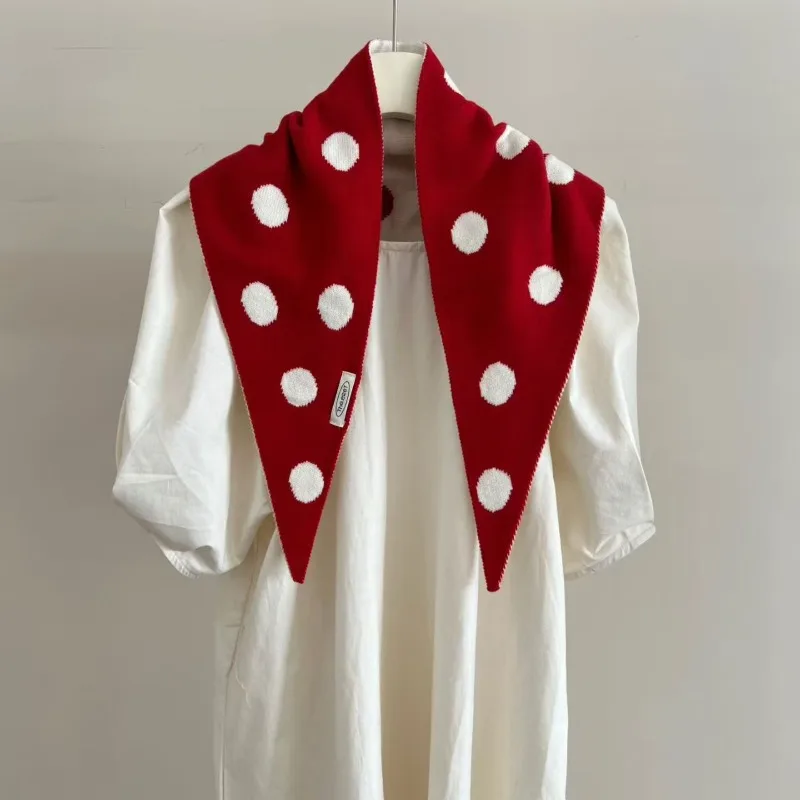 Women Double‑Sided Polka Dot Knit Triangle Shawl Korean Retro Casual Scarf Dopamine Aesthetic Neck Warmer Scarf Spring Autumn