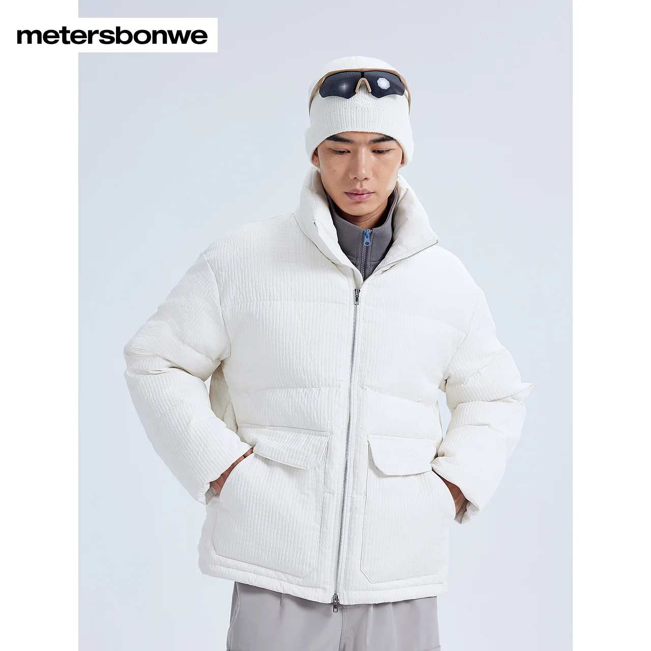 Metersbonwe-Men Stand Collar Patch Pockets Warm Down Jackets New Gray Duck Down Couple Parker Coats Stylish Windproof Winter