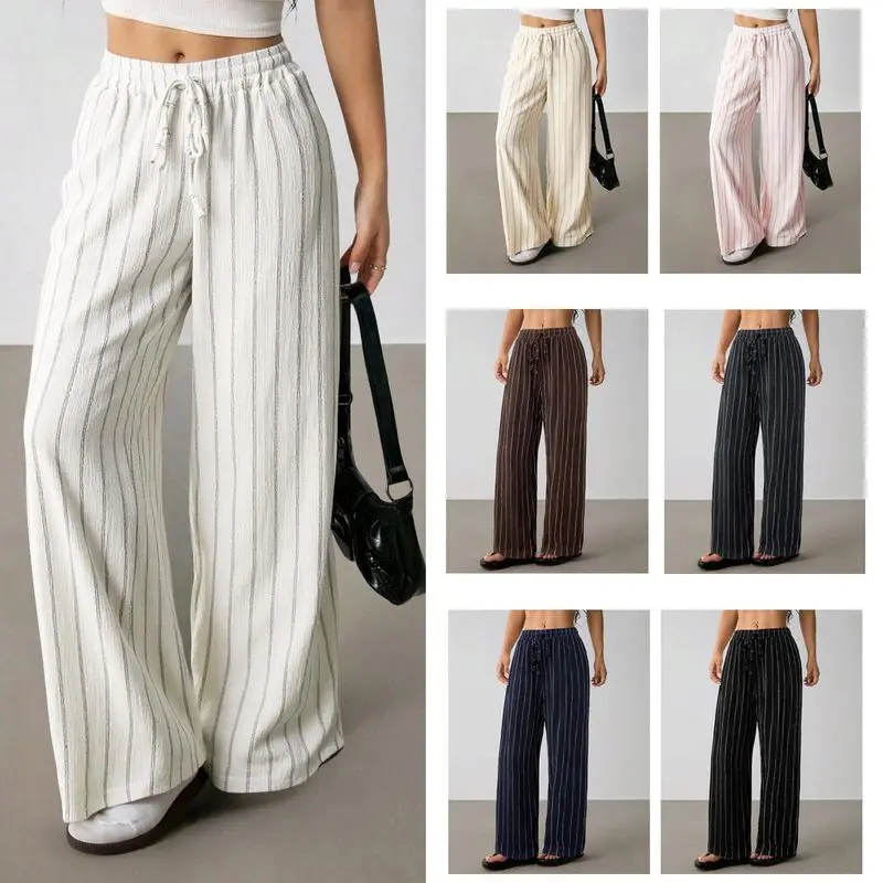 2026 new Woman Girls casual loose striped drawstring elastic waist multi-color wide-leg Pants fashion stripe trousers