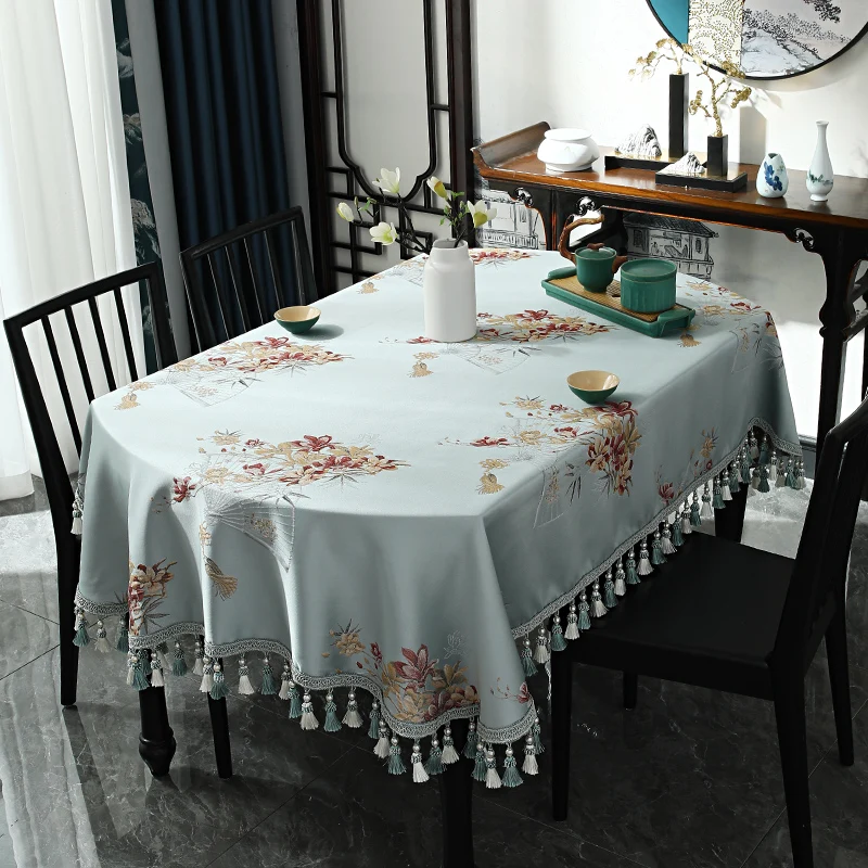 

Chinese Tassels Oval Tablecloth for Dining Table, Luxury Kitchen Coffee Table Cover, 3D Jacquard Fabric, Home Decoration