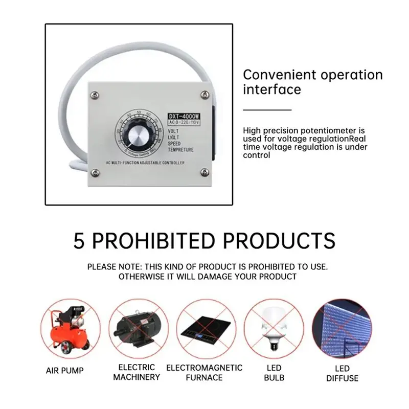 Aug. 4000W SCR Adjustable Voltage Regulator AC 110V - Dimmer, Speed, Temperature Controller With Metal Casing US Plug