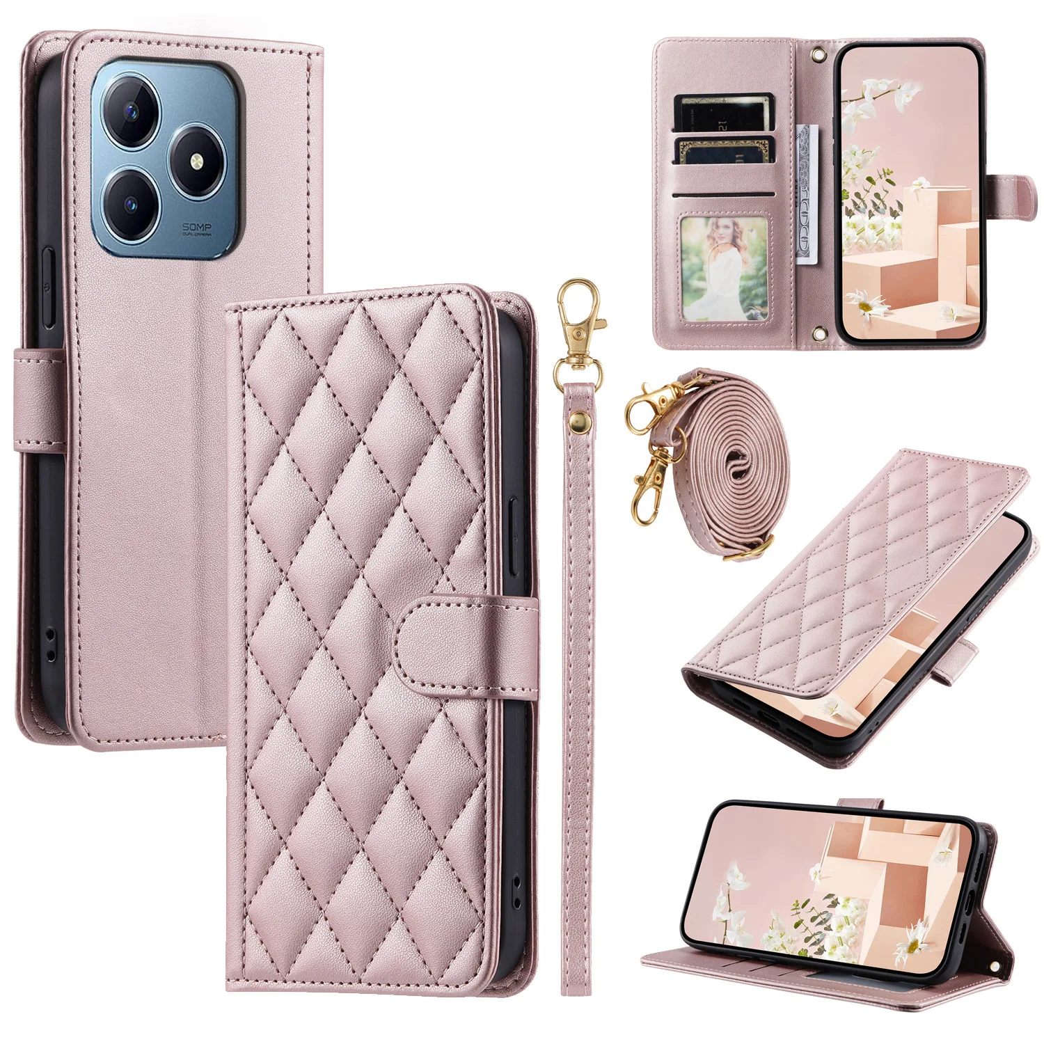 

For Realme C63 / Realme C61 Phone Case Crossbody Back Long Lanyard Silicone Protective Case Flip Leather Case