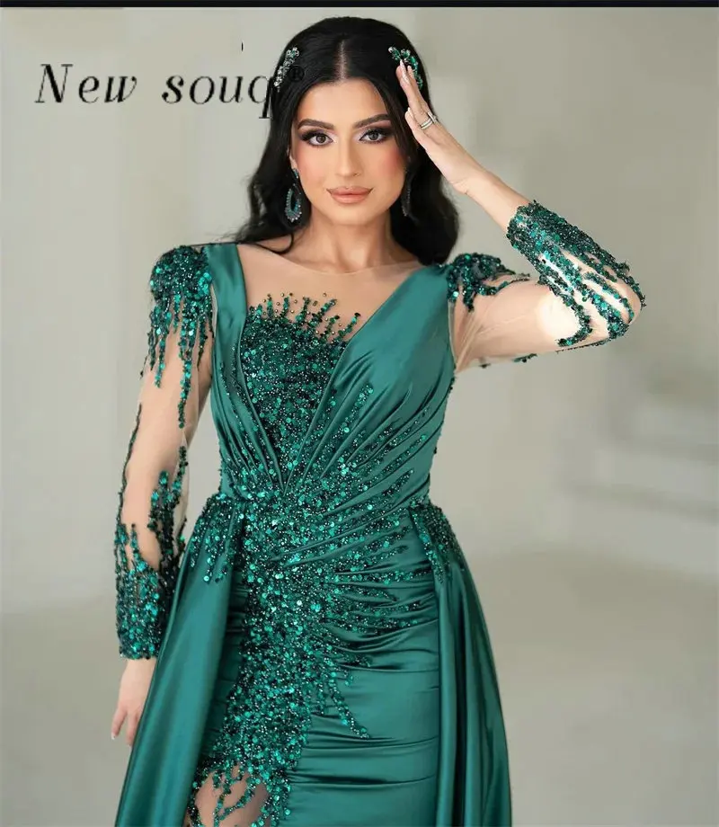 Dubai Green Beaded Mermaid Satin Evening Dresses Arabic Long Sleeves Elegant Formal Gowns 2024 For Woman Wedding Party