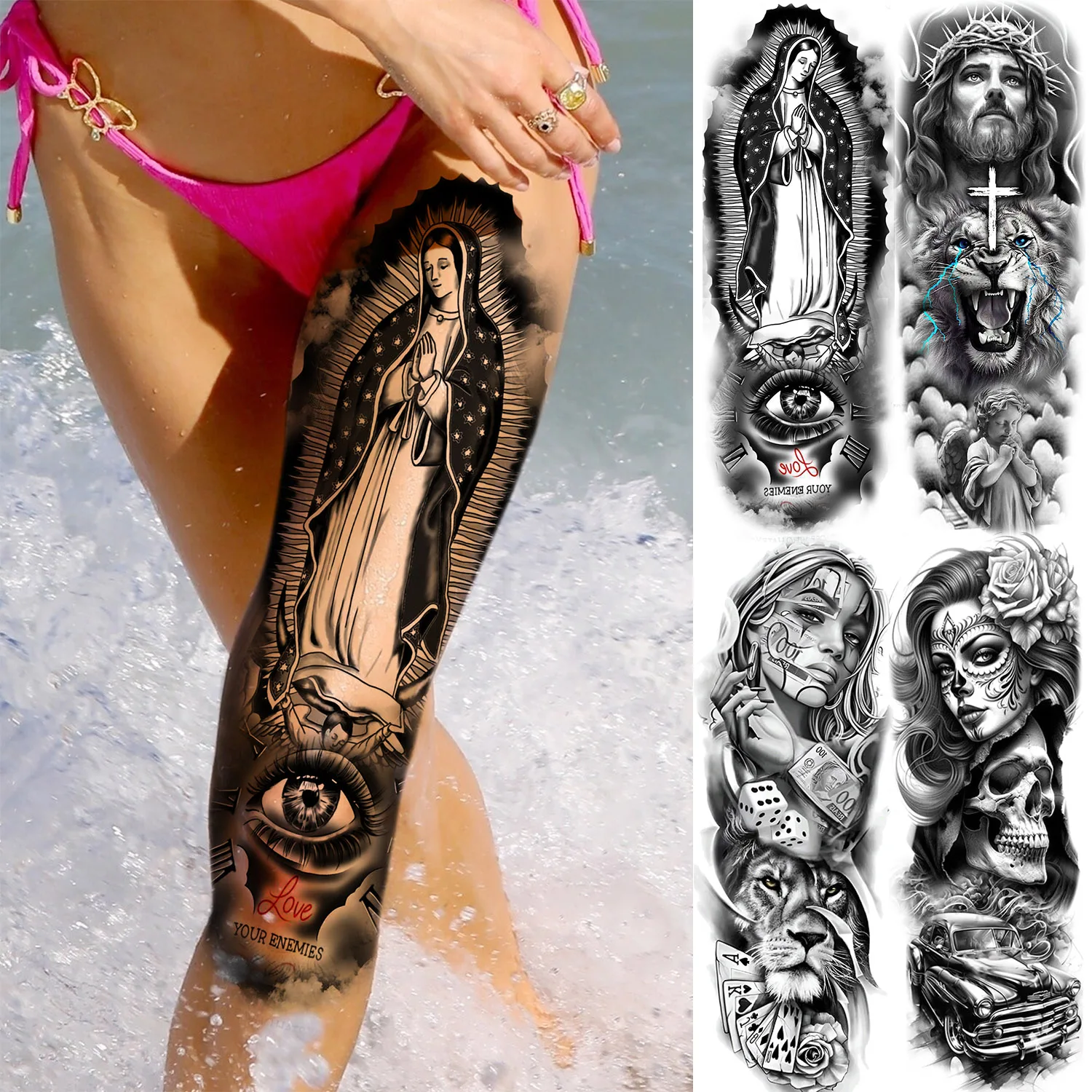 1 Sheet Chicano Holy Mother Jesus Full Arm Temporary Tattoos Waterproof Realistic Fake Tattoo Sleeve Sticker Body Leg Art Tatoos
