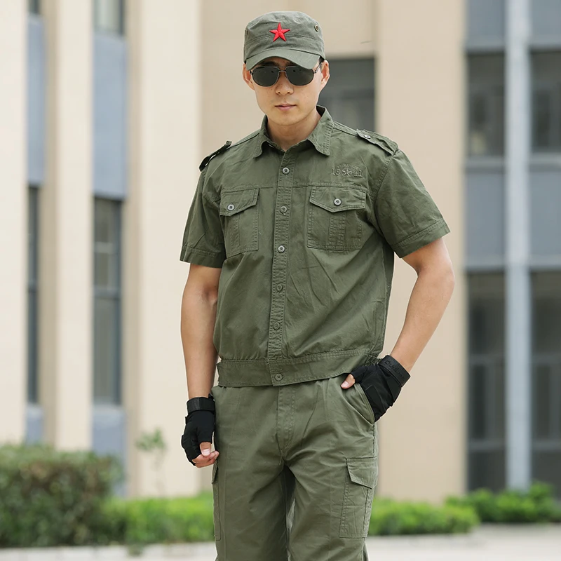 military-green-camouflage-workwear-short-sleeve-thin-pure-cotton-summer-uniform-men's-embroidered-1941-replicated-labor-prote