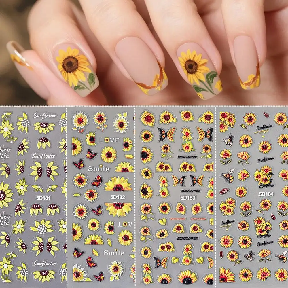 1/4pcs 5D Embossed Summer Sunflower Nail Stickers Yellow Floral Bee & Butterfly Nail Decals Fresh Sunflower Nail Art Decorations view 4