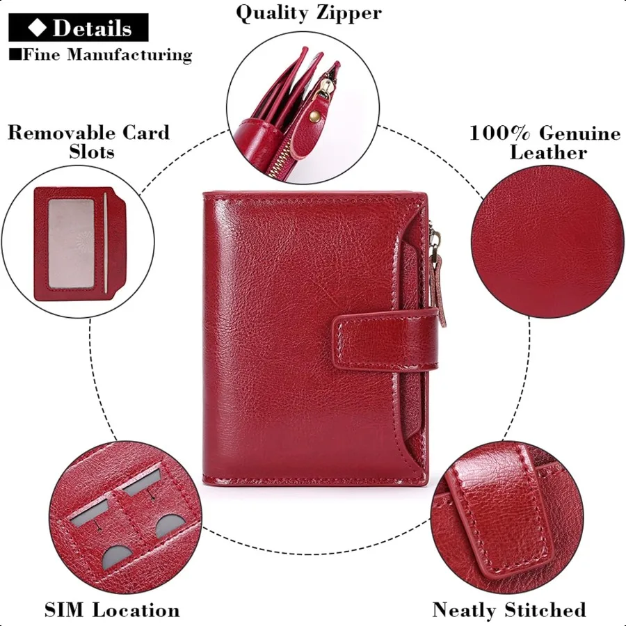 Small Women Wallet Genuine Leather RFID Blocking Bifold Zipper Pocket Card Holder with ID Window