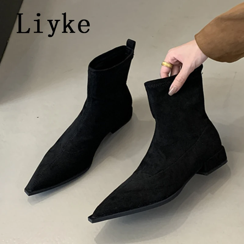 Liyke Autumn Winter Women Ankle Boots Sexy Pointed Toe Slip On Chelsea Shoes Female Low Square Heels Pumps Short Botines Mujer