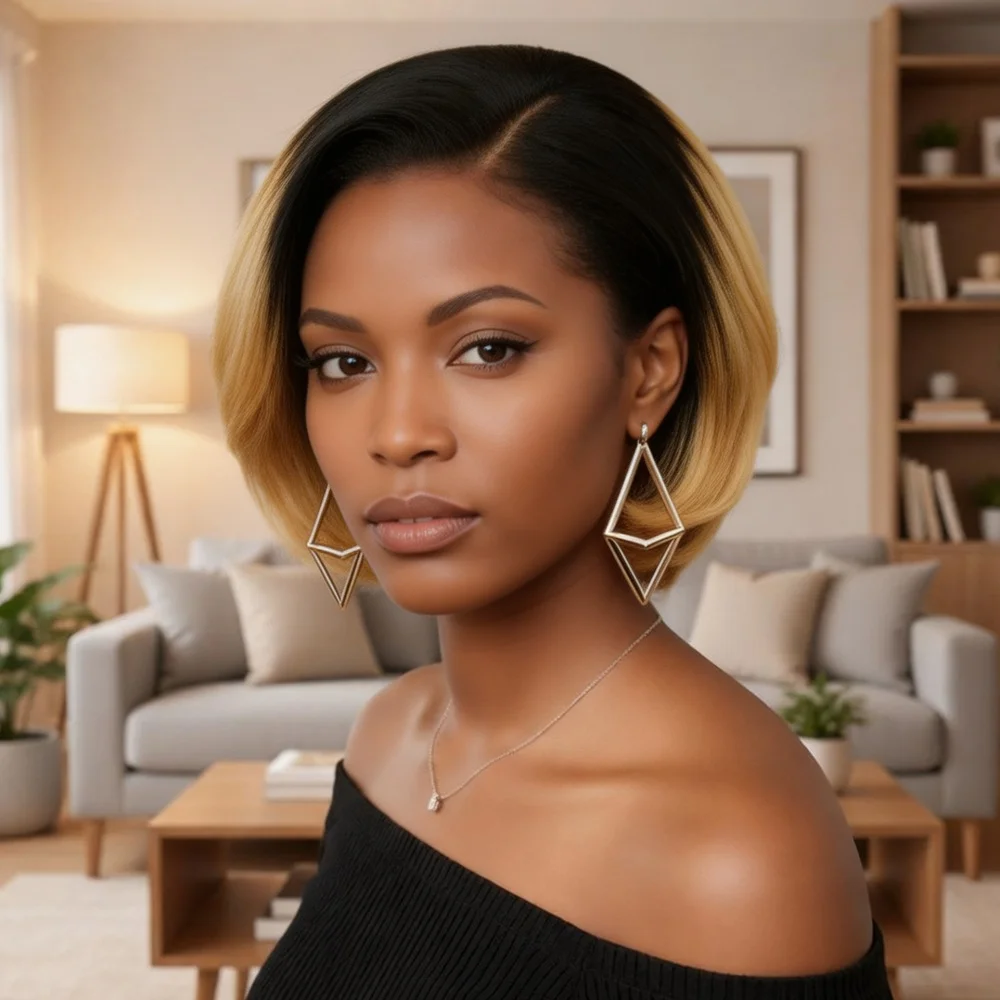 8 Inch Short Bob 13x4 Lace Front Wig Human Hair 180% Density Ombre Black To Blonde Straight Human Hair Wig For Women