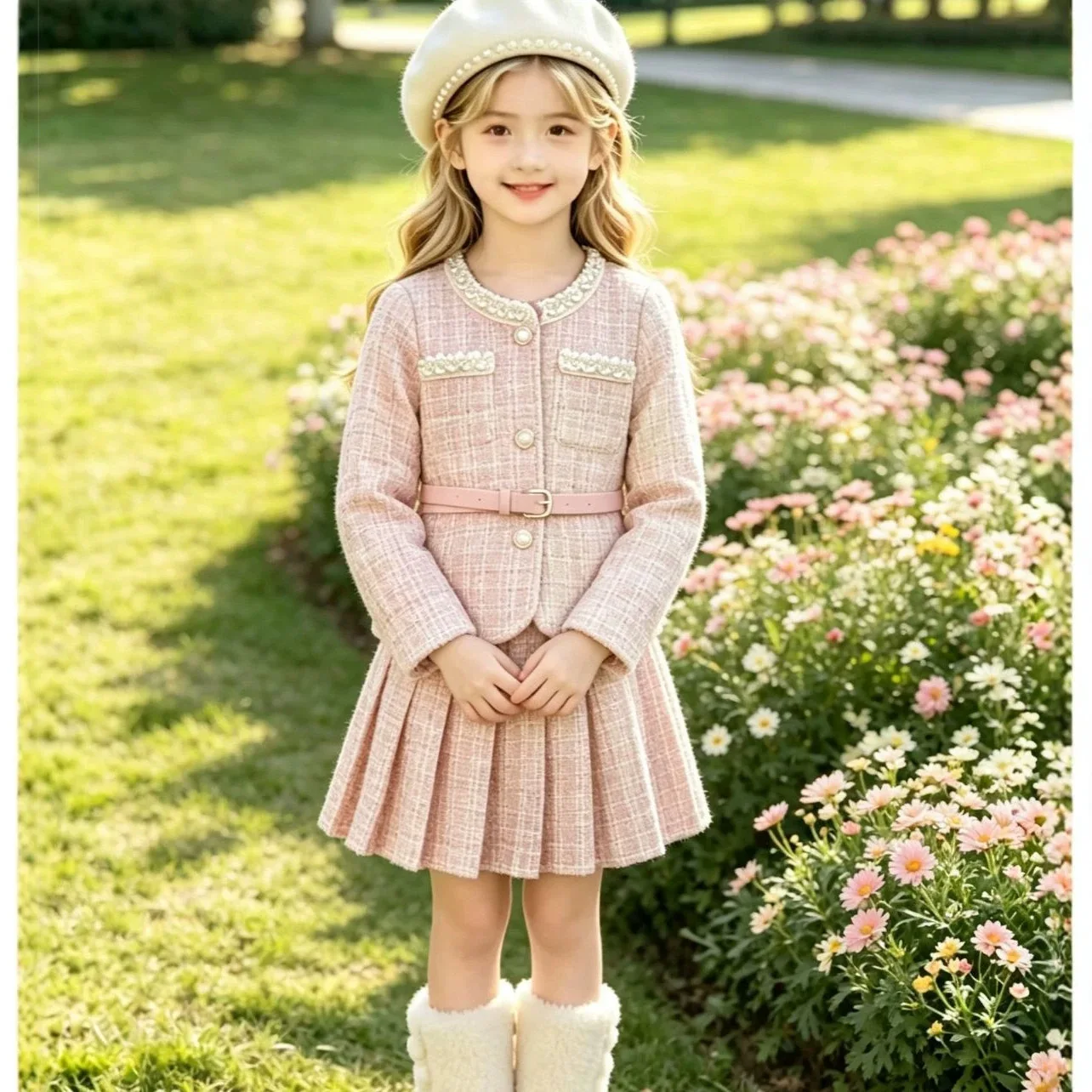 Autumn Children Girls 2PCS Clothes Set RAISE 3-8Yrs Kids Girls Shiny Coat with Belt Suits Ltoddler Girls Pleated Skirts Outfits 4