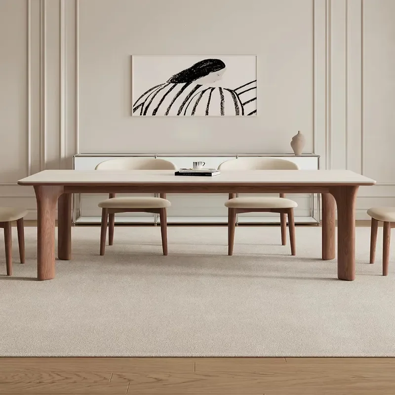Rectangular Travertine Dining Table Solid Wood Base Modern Stone Top Kitchen Island Small Apartment Furniture Quiet Luxury