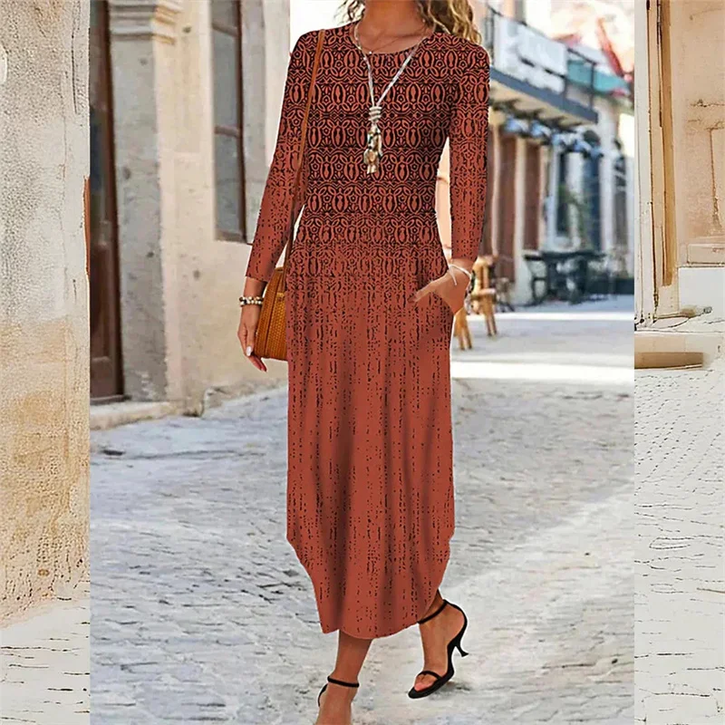 Elegant Print Side Pocket Dresses Women O Neck Pullover Long Sleeve Dress Spring Autumn Korean Casual Commuter Frock Female Gown