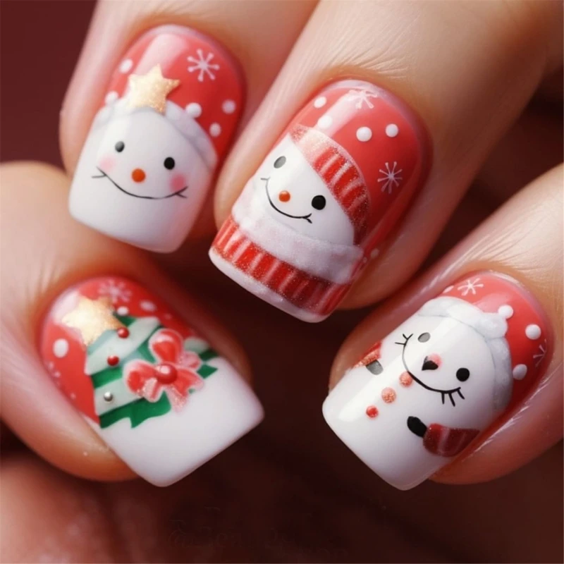 24 Pcs Snowman False Nails Christmas Full Cover on Nails Square Press On Nails Manicures Supplies for Winter