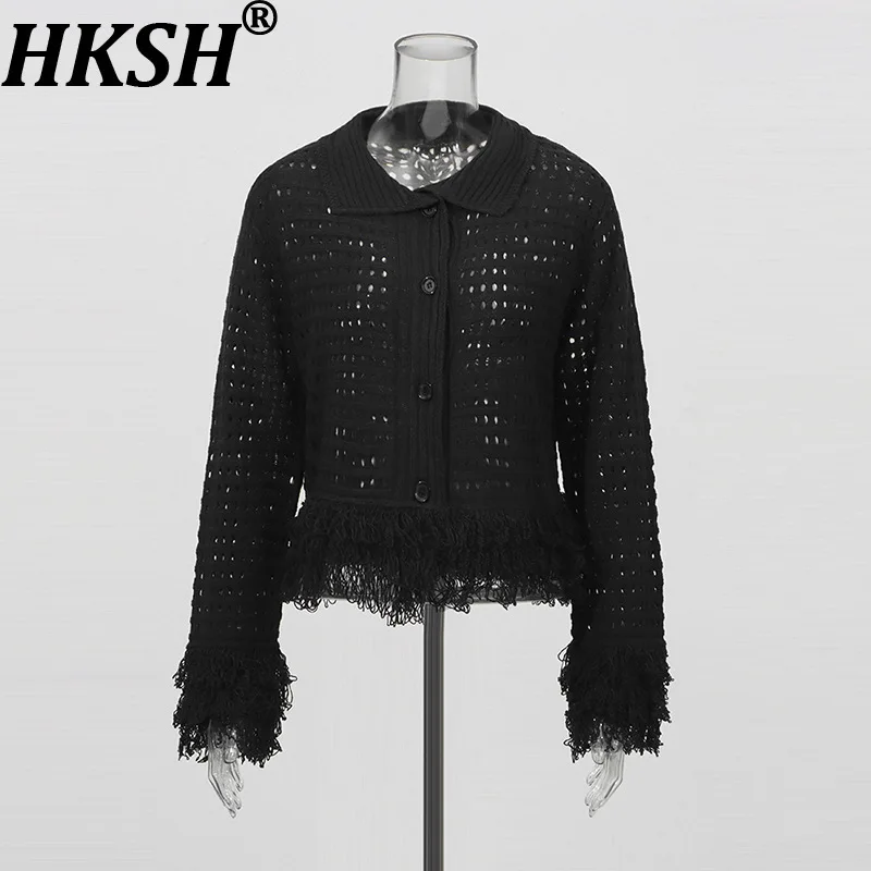 

HKSH вязаное пальто для женщин, осенняя новая однобортная куртка с отложным воротником и вырезами, подол с кисточками, уличная куртка HK10749