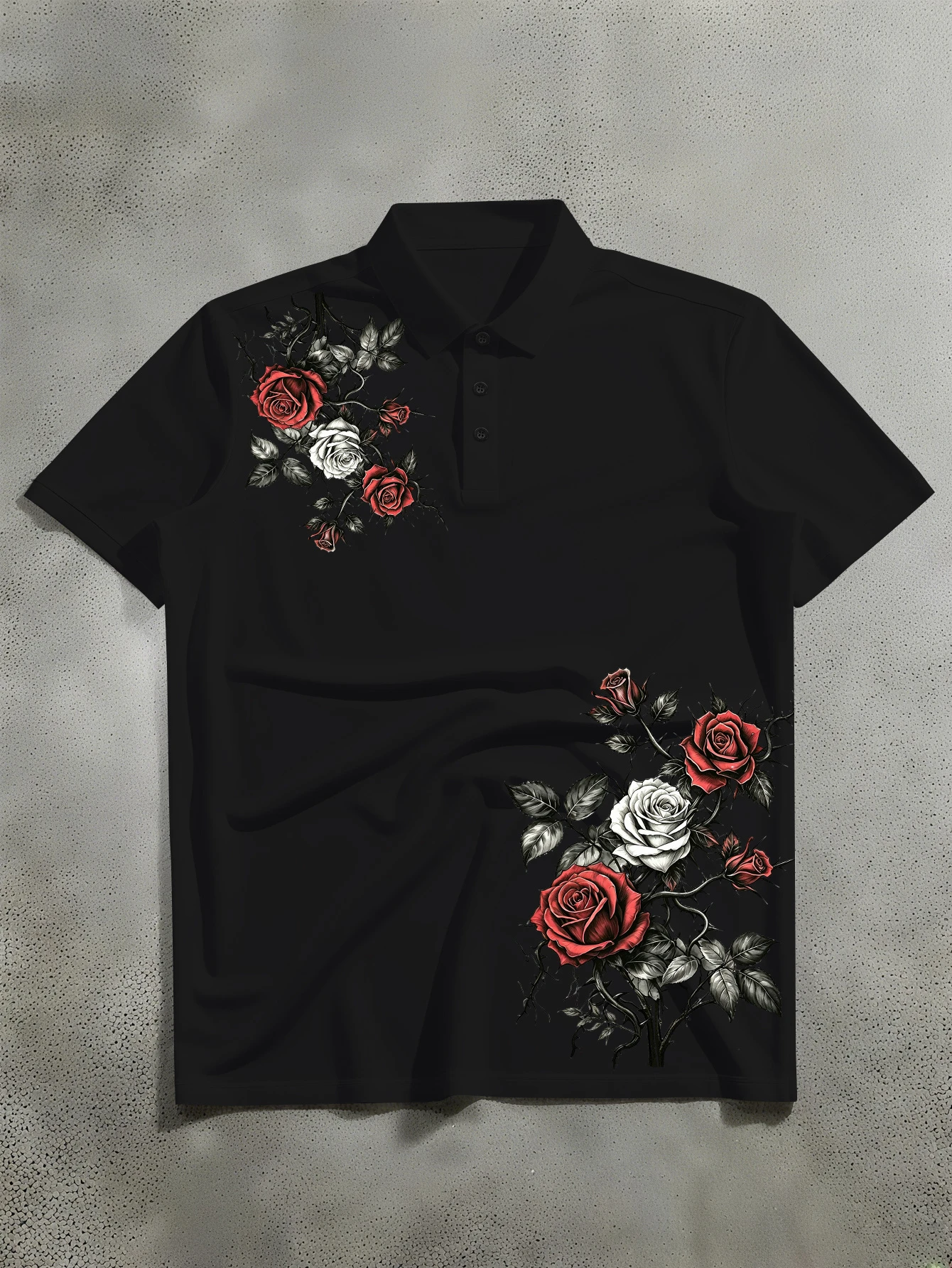 Fashionable Men's Short-Sleeve Lapel Polo Shirt with Rose Embellishment and Black-and-White Contrast Print A Versatile Casual