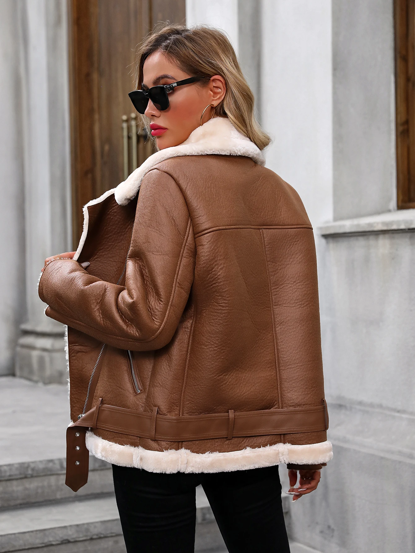 Fitaylor Winter Women Faux Fur Leather Jacket Casual Lady Thick Warm Leather Jacket High Street Motorcycle Outwear