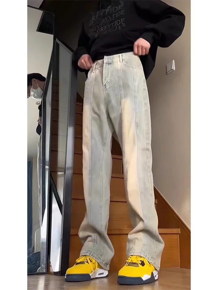 

American High Street Men's Jeans Autumn Winter Vibe Mud Yellow Splicing Slimming Leg Lengthening Straight Tube Flared Pants