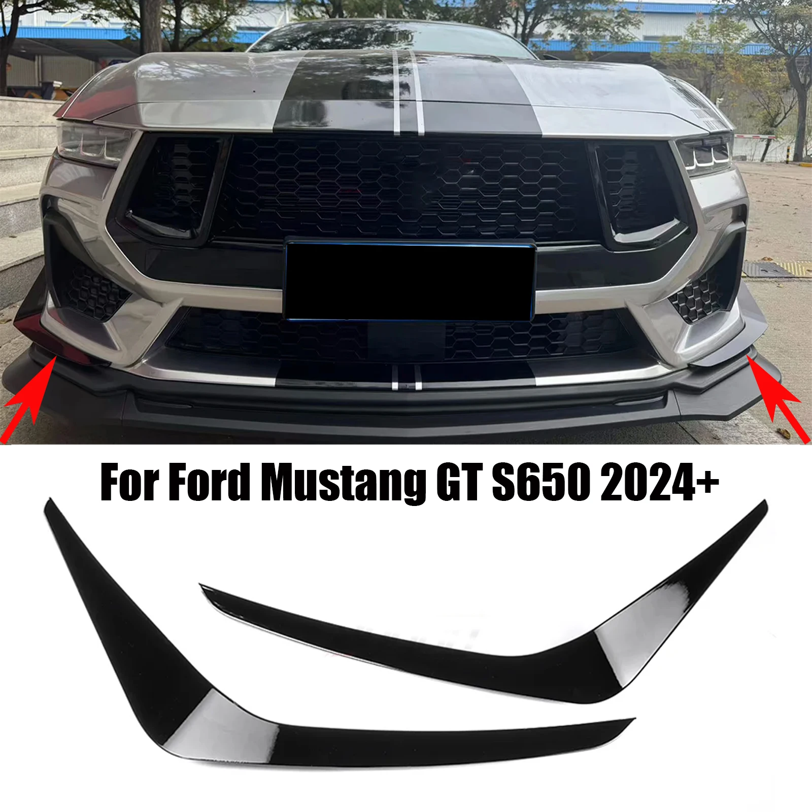 For Ford Mustang GT S650 2024 2025 Front Bumper Side Canards Dive Planes Trim Glossy Black Carbon Fiber Look