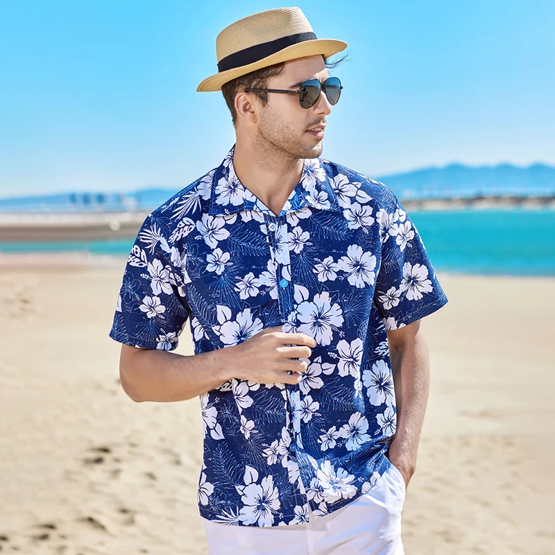 Men Street Fashion Summer Daily Shirt Hawaiian Flower Palm Tree Print Casual Loose Shirts Short Sleeve Beach Loose Tops Clothing