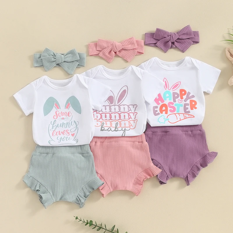 2023-12-30 Lioraitiin Baby Girl Easter Outfit Letter Rabbit Print Short Sleeve Rompers Bobbles Short Headband Summer Clothes Set