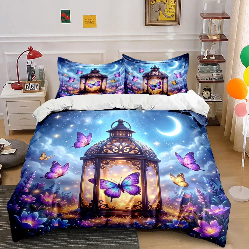 Enchanted Lantern in Dreamy Garden Pattern Duvet Cover Set Digital Print Colorful Polyester Bedding with Zipper Closur for gift
