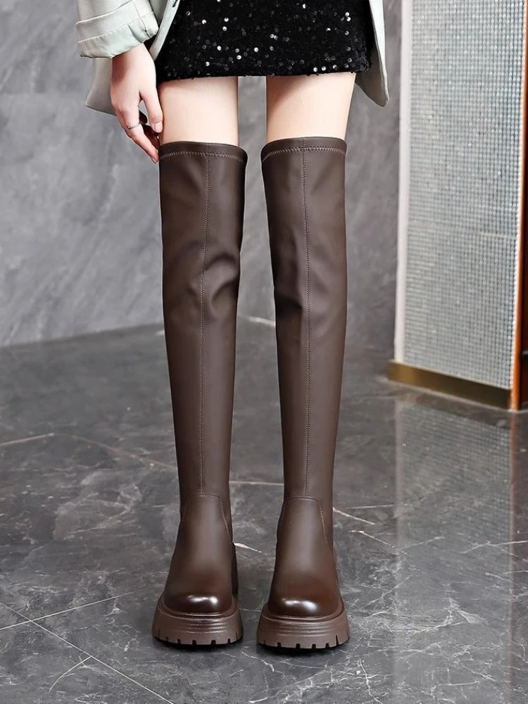 

2025 New Autumn Winter Women's Brown Leather Knee High Boots Round Toe Zipper 7cm Chunky Platform Waterproof Sole