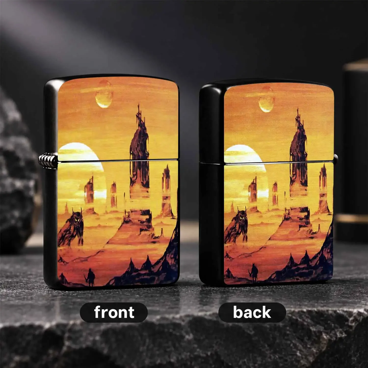 Retro Sci-Fi Desert Ruins Themed Windproof Lighter, Artistic Alien Ruins Dual Celestial Scene Printed Ignition Gear, Unique Creative Gifting, Full-Scenario Adaptable Daily Practical Ignition Accessory, Niche Aesthetic Trendy Portable Decor