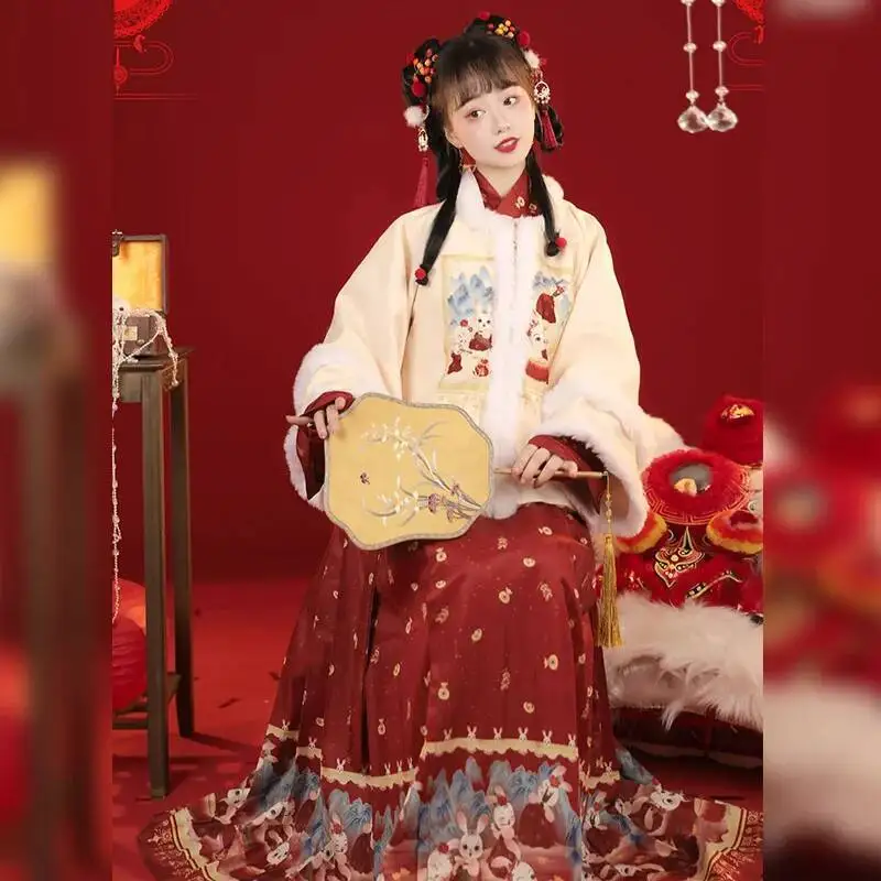 2023 سنة الأرنب سلالة مينغ هان فو ساحة الرقبة المخملية مغطاة ما ميان تنورة الشتاء اليومي 3 قطعة مجموعة