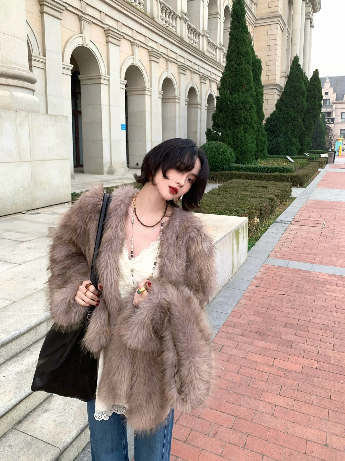 

Женская зимняя куртка Ele Retro Thiened с мехом, экологичная, теплая, уютная, с длинными рукавами, укороченная, свободного кроя