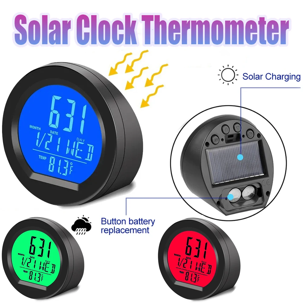 Solar Car Digital Clock Date Thermometer Lcd Luminous Display for Dashboard Clock Car Interior Adhesive Interior Accessories