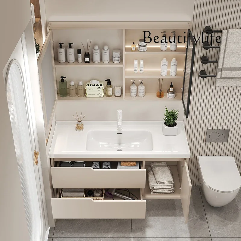New Cream Wind Solid Wood Bathroom Cabinet Ceramic Integrated Basin Toilet Washbasin Cabinet Combination