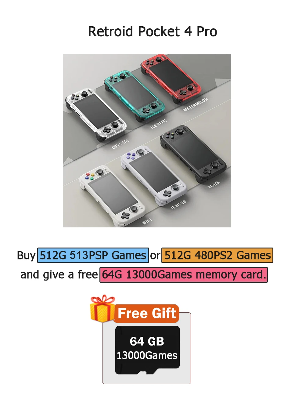 Retroid Pocket 4 Pro Retro Handheld Game Consoles 4.7 Inch Screen 8G+128G Android 13 Bluetooth 512G PSP PS2  RP4 Games Men gifts
