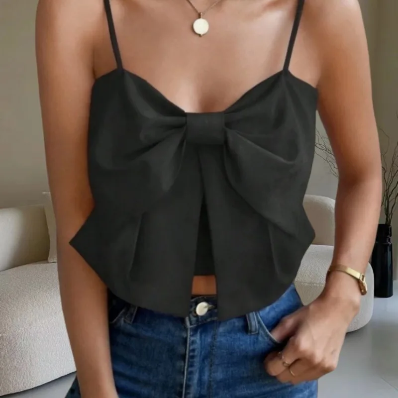 Red Bow Cami Top Women Sleeveless Spaghetti Strap Back Smocked Crop Tank Blouse Summer Fashion Casual Party Streetwear Shirt